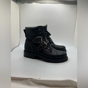 FRYE Women”s Samantha  Black Leather Lace Up Studded S Ankle Moto Boots Size 7